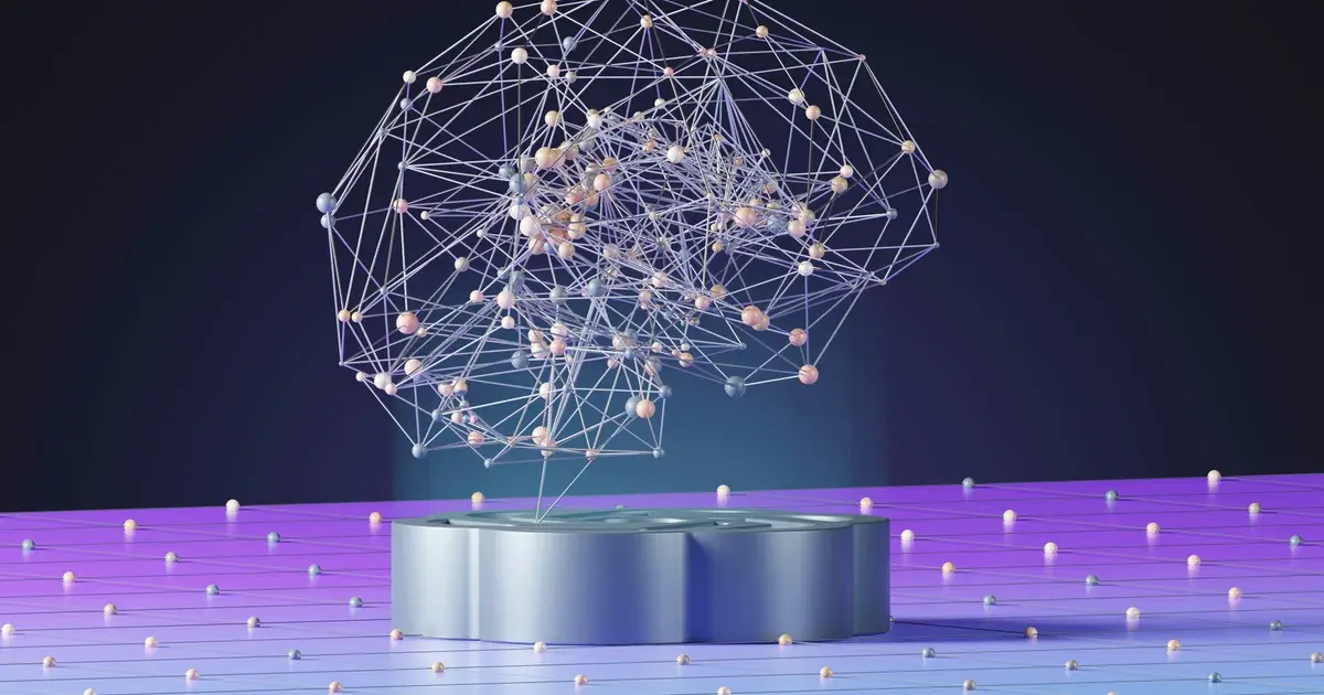 Abstract illustration of a glowing neural network with interconnected nodes above a futuristic purple digital platform.