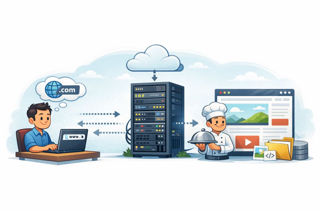 Illustration showing a user accessing a website through cloud hosting, with a server rack delivering web content to a browser interface.