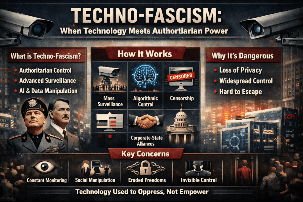 Techno-fascism infographic showing surveillance cameras, AI control, censorship, and loss of privacy in authoritarian systems.
