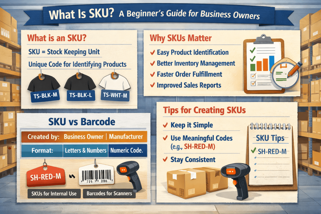 Infographic explaining what an SKU (Stock Keeping Unit) is, why SKUs matter, SKU vs barcode comparison, and tips for creating SKUs for inventory management.