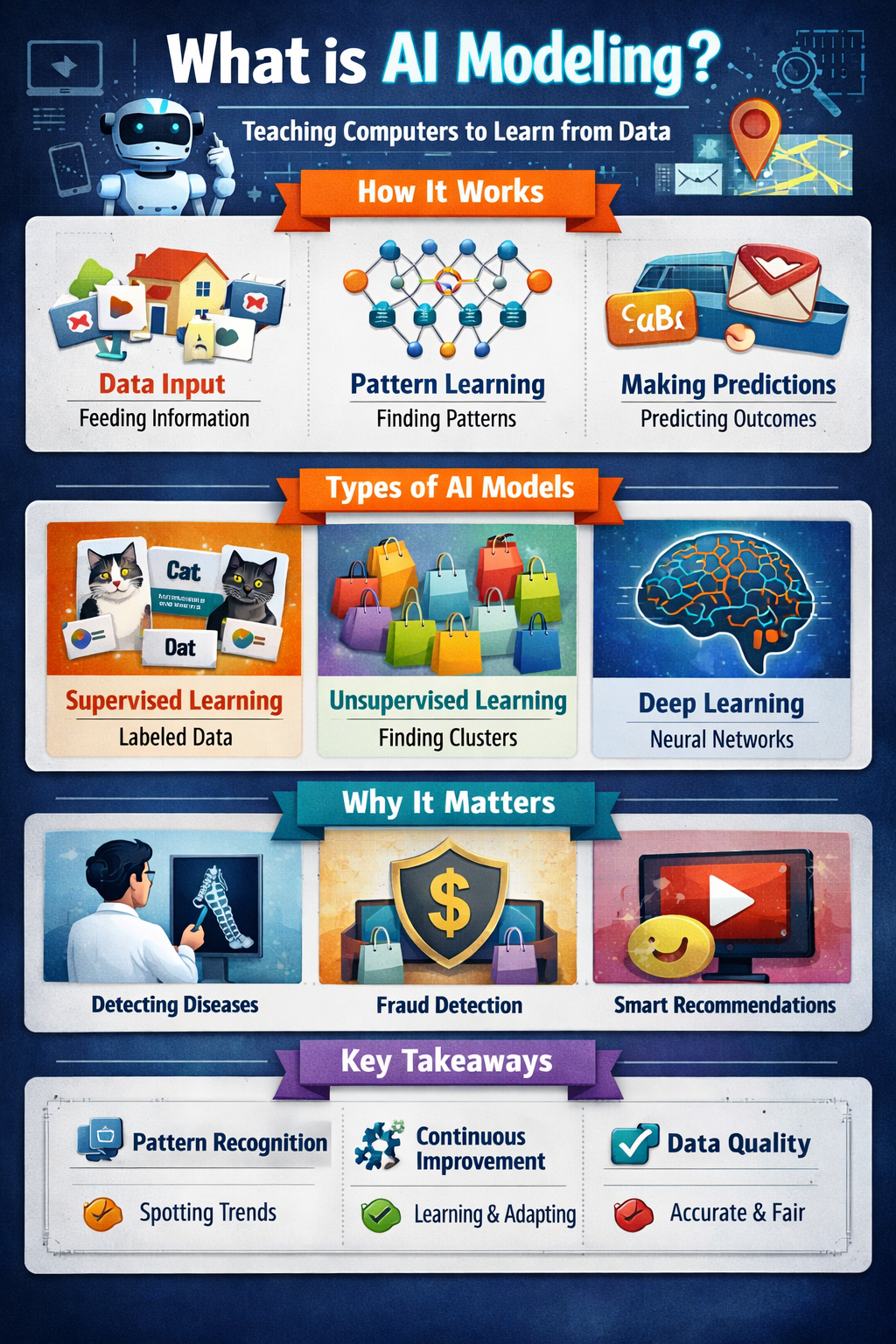 AI modeling infographic explaining data input, pattern learning, predictions, supervised learning, unsupervised learning, deep learning, and real-world applications like fraud detection and smart recommendations.