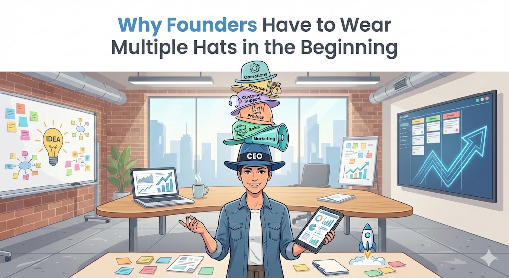 Illustration of a startup founder wearing multiple hats labeled CEO, marketing, sales, product, customer support, finance, and operations in a modern office.