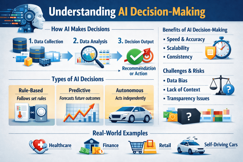 Infographic explaining AI decision-making process, including data collection, analysis, types of AI decisions, benefits, risks, and real-world applications in healthcare, finance, retail, and self-driving cars.