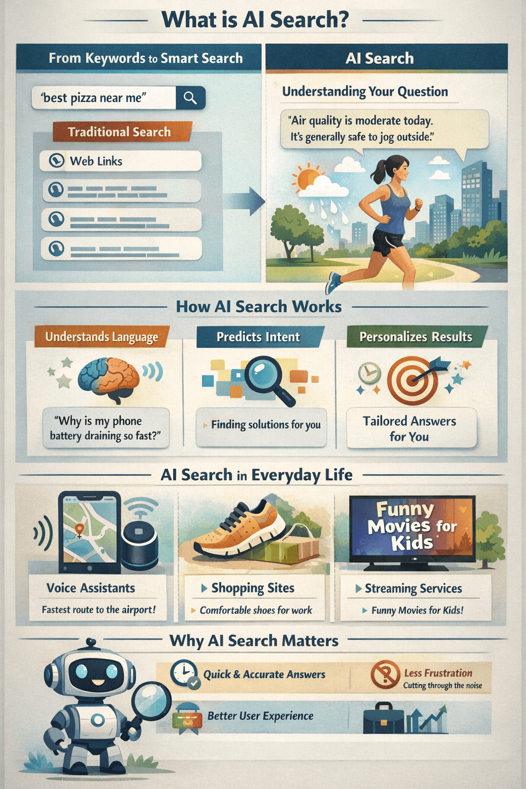 Infographic explaining AI search, comparing traditional keyword search with AI-powered search that understands language, predicts intent, and personalizes results.