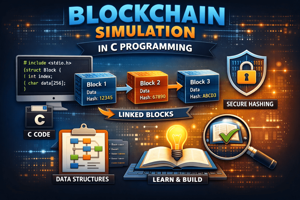 Infographic showing a blockchain simulation built in C programming with linked blocks, hashing, and data structure concepts