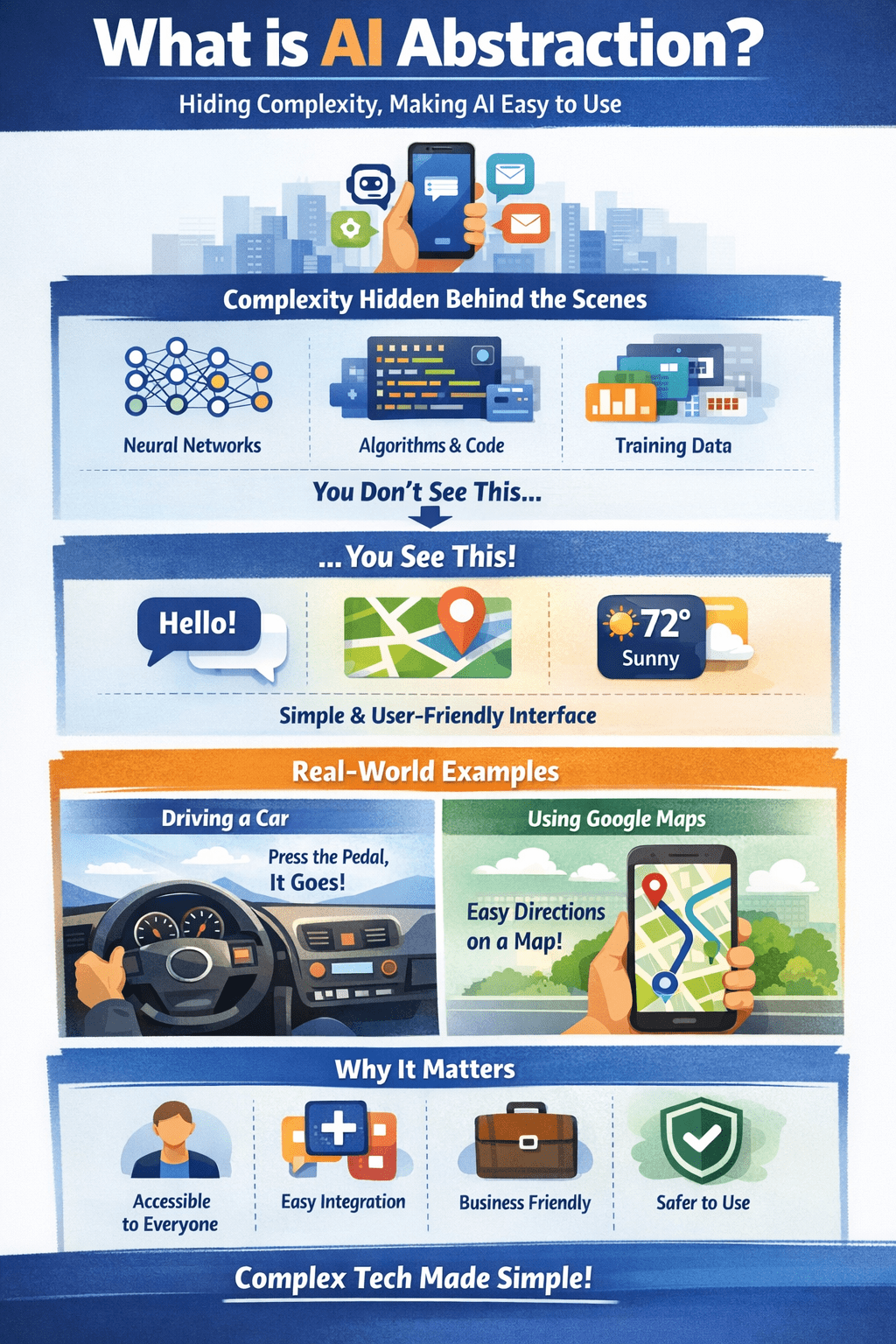 AI abstraction infographic explaining how artificial intelligence hides complex neural networks, algorithms, and training data behind simple user-friendly interfaces like chatbots, maps, and weather apps.
