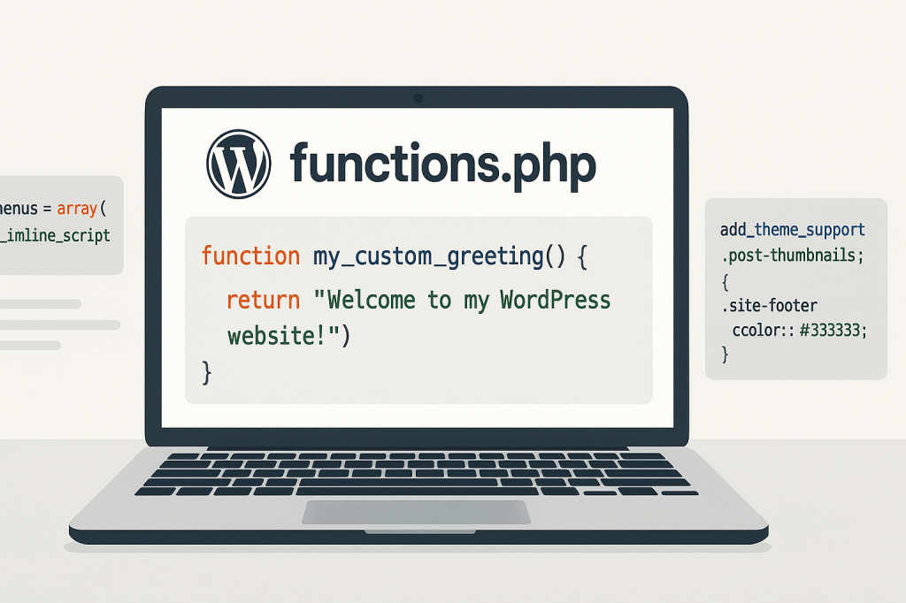 Illustration of WordPress functions.php file on a laptop screen showing custom PHP function and theme support code snippets.