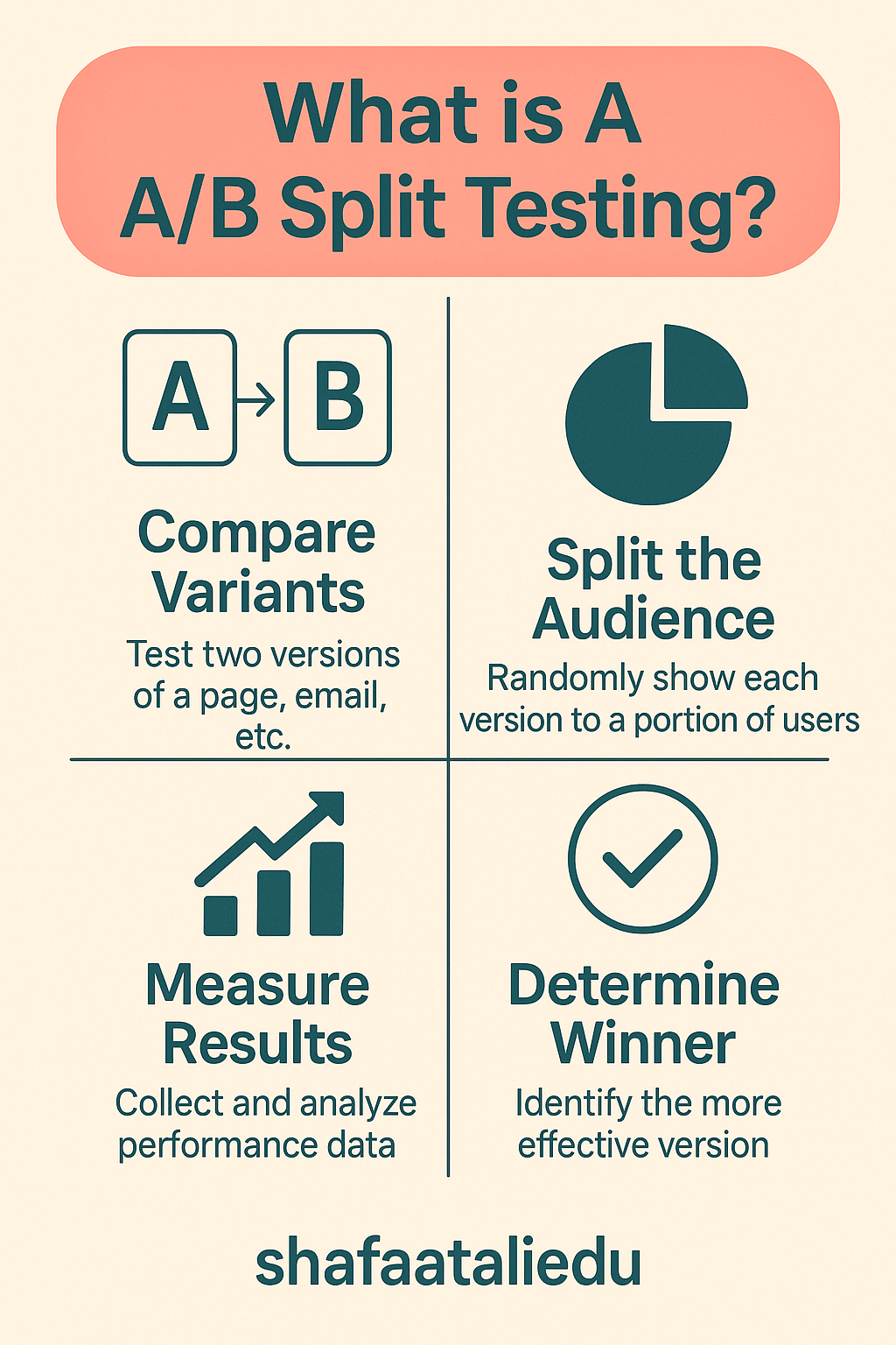 Infographic explaining A/B split testing, including comparing variants, audience splitting, measuring results, and determining the winner.