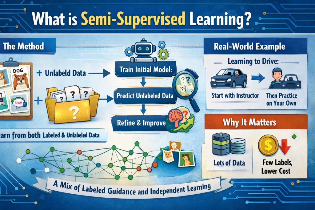 Infographic explaining semi-supervised learning with labeled and unlabeled data, training process steps, real-world driving example, and benefits like lower cost and fewer labels.