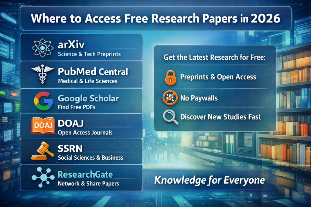 Infographic showing where to access free research papers in 2026, including arXiv, PubMed Central, Google Scholar, DOAJ, SSRN, and ResearchGate.