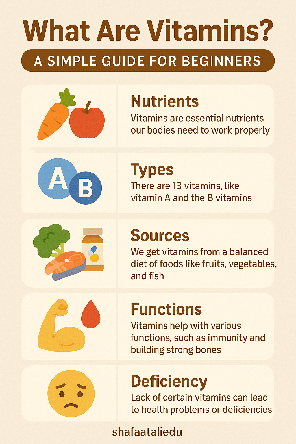 Infographic providing a beginner’s guide to vitamins, covering nutrients, types, sources, functions, and effects of deficiency.