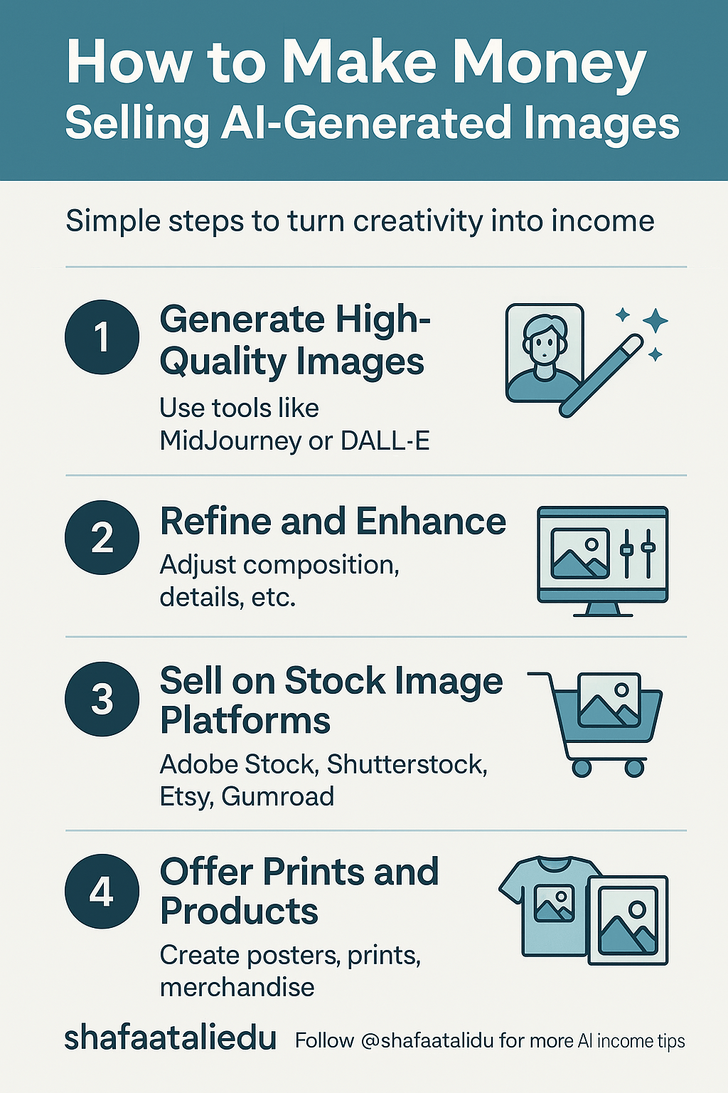 Infographic showing four steps to make money with AI-generated images: create, refine, sell on platforms, and offer prints or merchandise.
