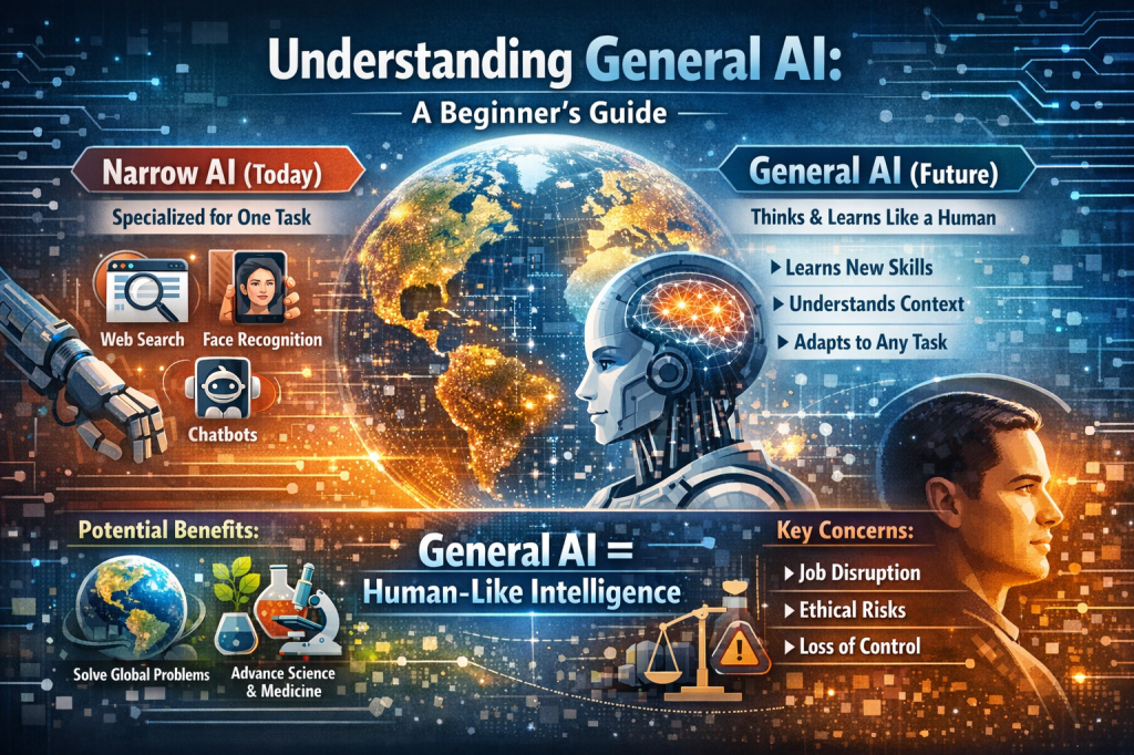 Infographic explaining General AI versus Narrow AI, showing future human-like artificial intelligence, benefits, and ethical concerns.