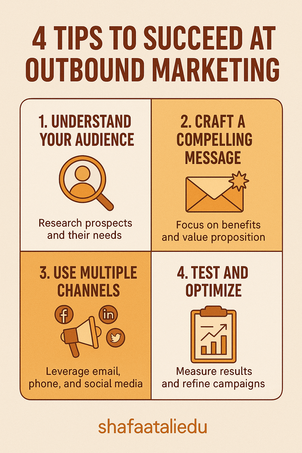 Infographic showing 4 tips to succeed at outbound marketing: understand your audience, craft a compelling message, use multiple channels, and test and optimize.