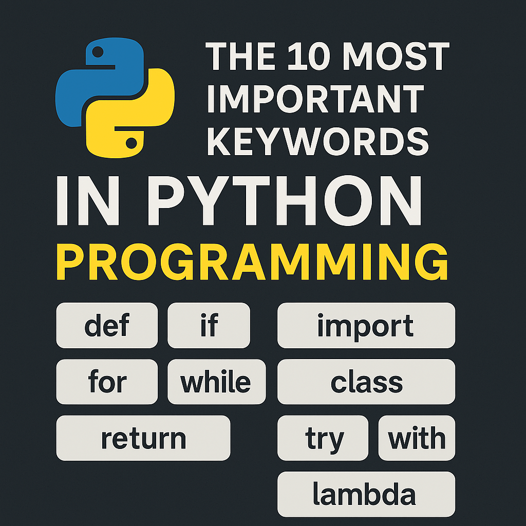 Featured image showing the 10 most important Python programming keywords with the Python logo on a dark gray background.
