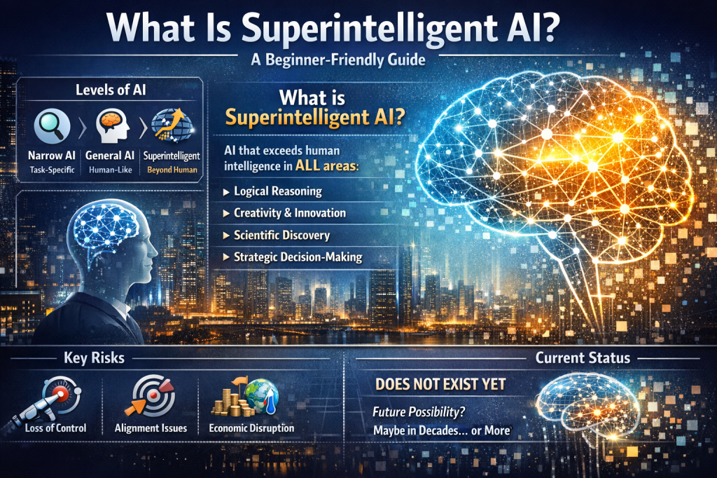 Infographic explaining superintelligent AI, showing AI levels, a glowing digital brain, human silhouette, key risks, and current status.