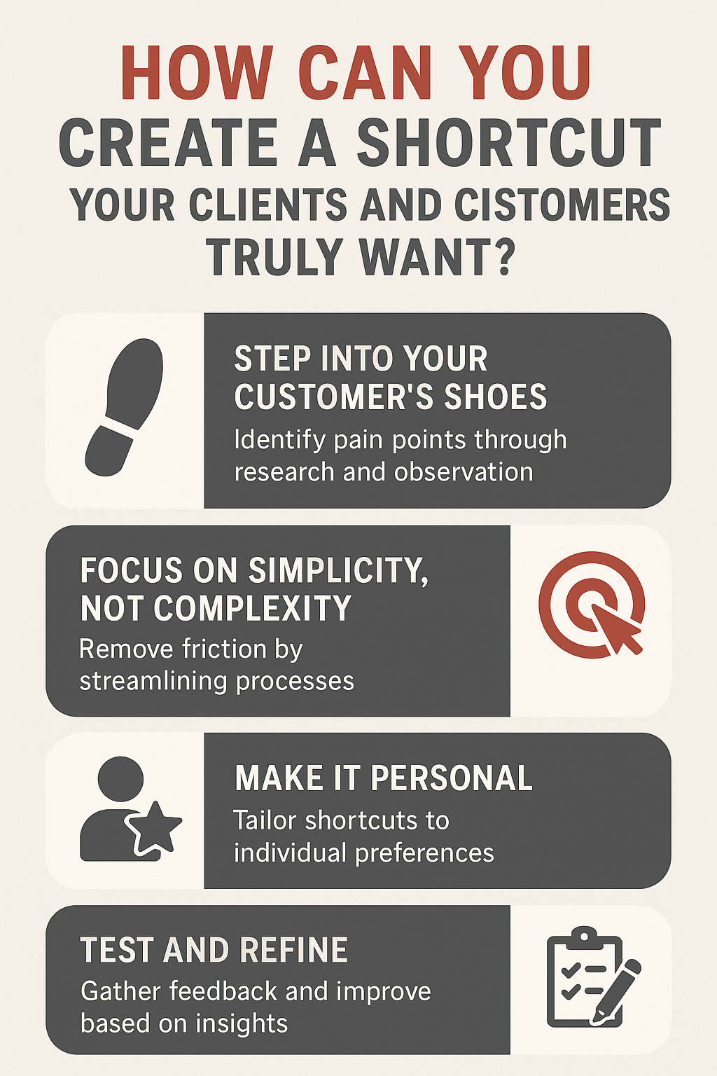 Infographic showing four steps to create effective customer shortcuts through empathy, simplicity, personalization, and feedback.