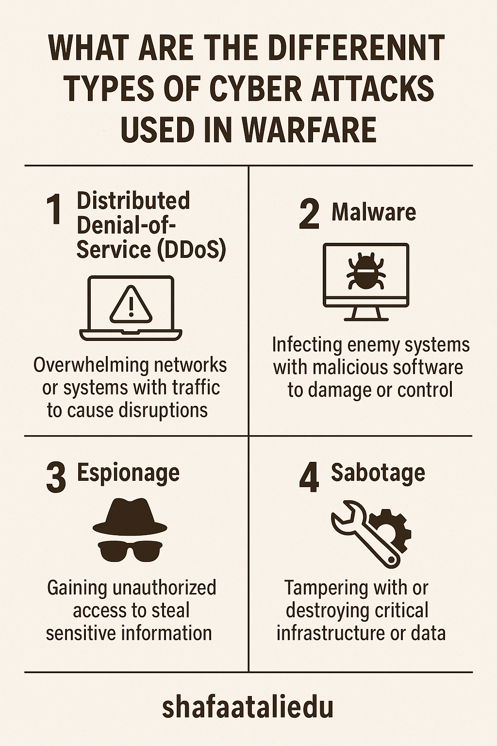 Infographic showing four types of cyber attacks used in warfare: Distributed Denial-of-Service (DDoS), Malware, Espionage, and Sabotage.