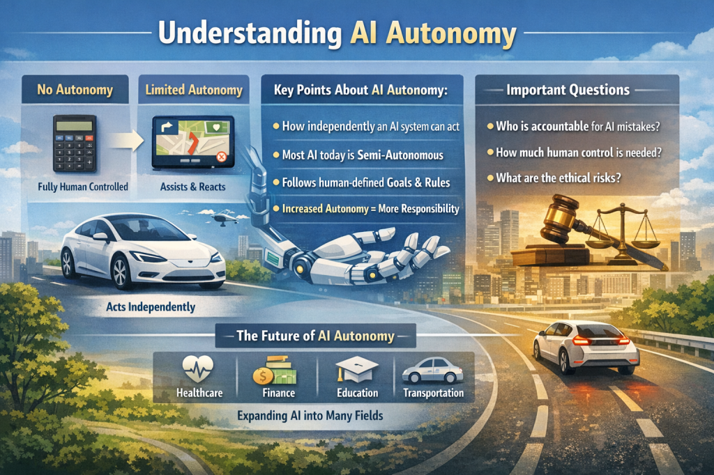 Infographic explaining AI autonomy levels, from no autonomy to semi-autonomous systems, with examples like self-driving cars, ethical questions, and future applications in healthcare, finance, education, and transportation.