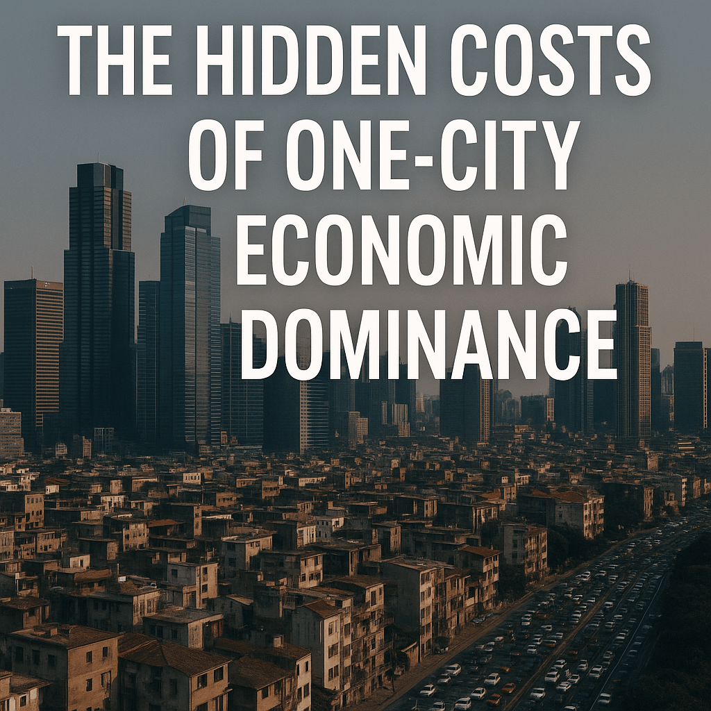 Urban skyline with modern skyscrapers rising above dense low-income housing, illustrating the hidden costs of one-city economic dominance.