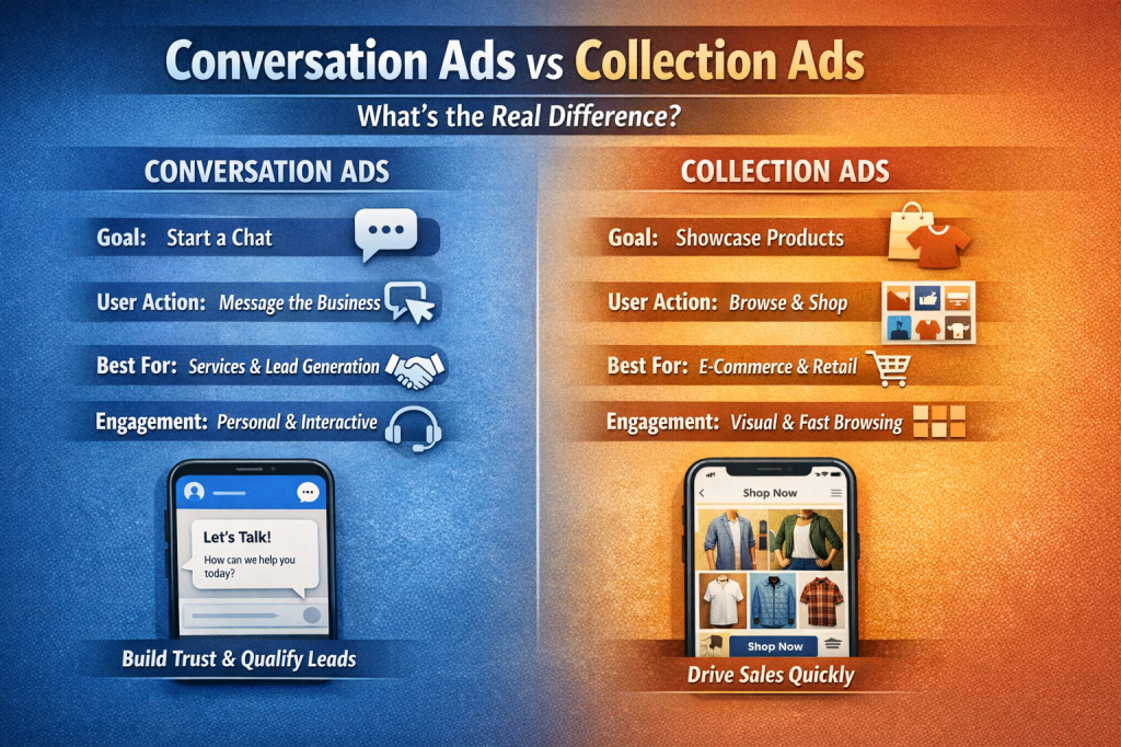 Comparison graphic showing Conversation Ads vs Collection Ads, highlighting goals, user actions, engagement, and best use cases for digital marketing.