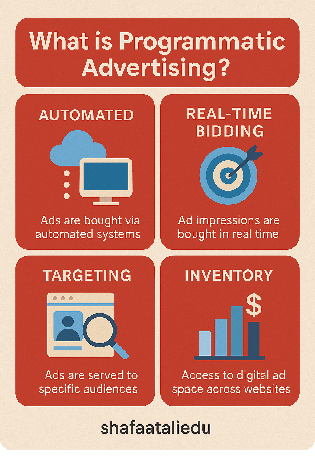 Infographic explaining programmatic advertising, including automation, real-time bidding, audience targeting, and digital ad inventory.