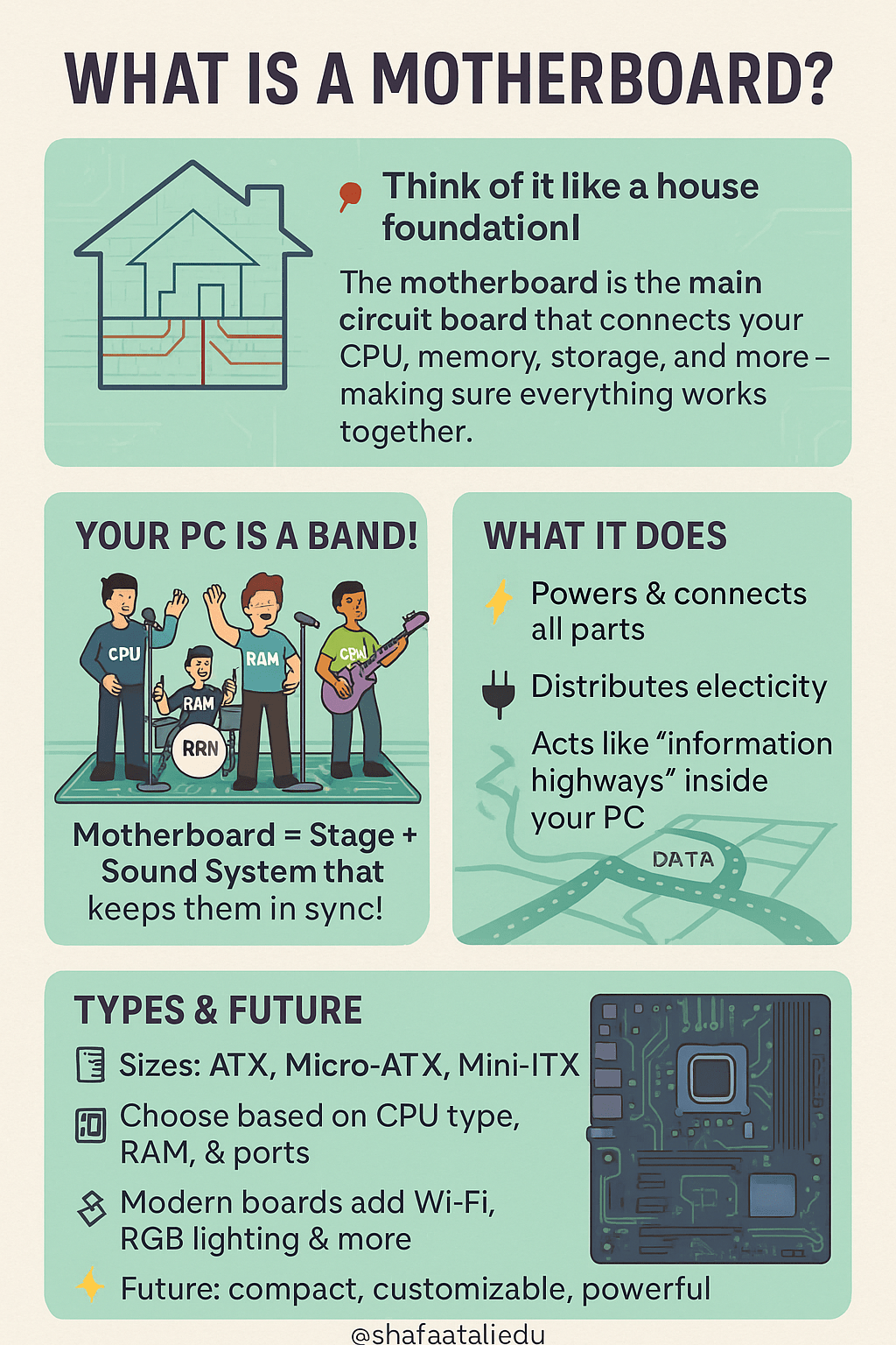 Infographic explaining what a motherboard is using analogies like a house foundation and a band, with details on function, types, and future trends.