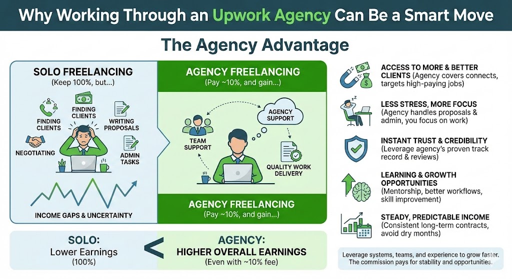 Comparison infographic showing solo freelancing versus agency freelancing on Upwork, highlighting benefits like higher earnings, steady income, less stress, and better clients when working through an agency.