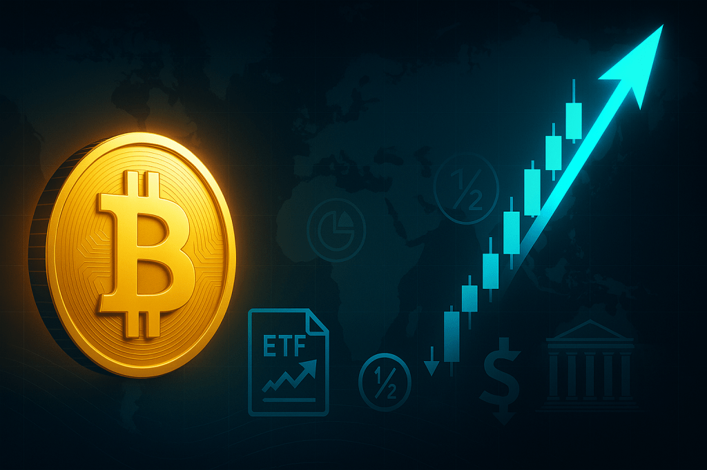 Bitcoin coin with ETF document icon and rising candlestick chart representing cryptocurrency market growth.
