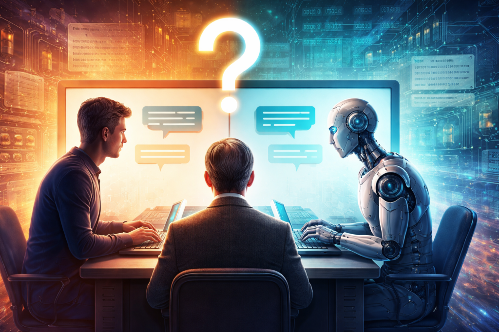Human professionals collaborating with a humanoid AI robot at a desk, symbolizing human-AI interaction and ethical decision-making in artificial intelligence.