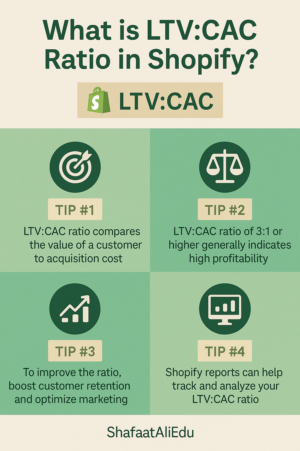 Infographic explaining the LTV:CAC ratio in Shopify, including what it measures, ideal ratio benchmarks, improvement tips, and Shopify reporting tools.