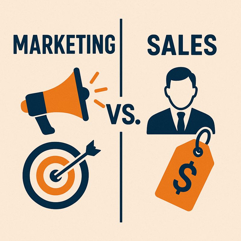 “Marketing vs. Sales graphic illustrating megaphone, target with arrow, businessperson icon, and price tag symbol.”