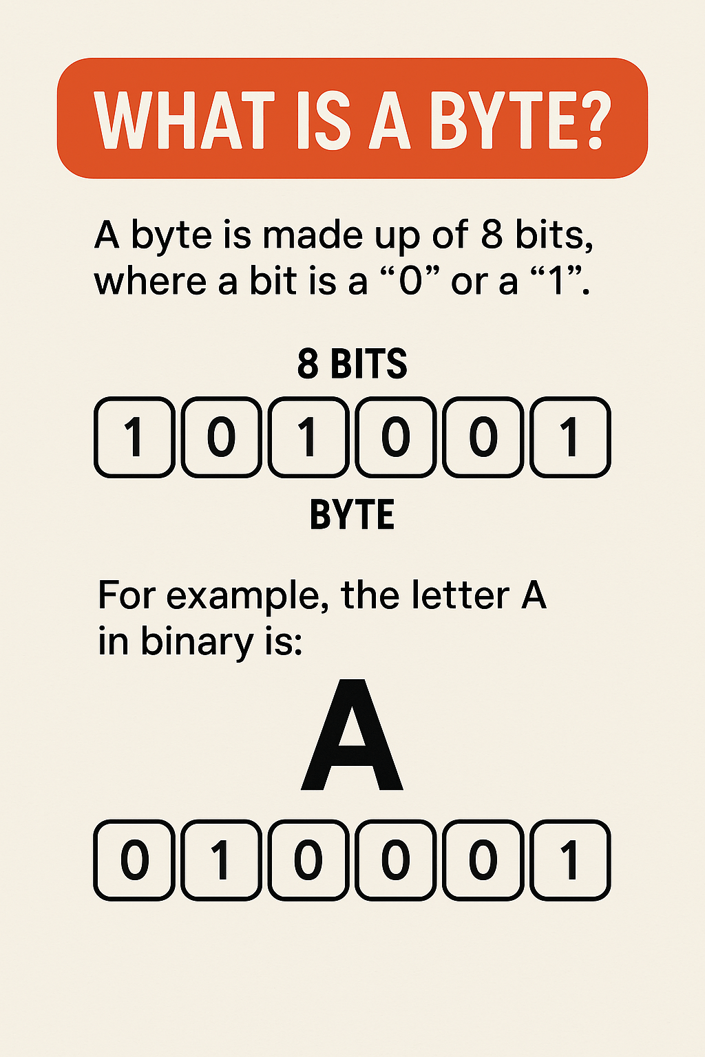 Infographic explaining what a byte is, showing that it consists of 8 bits, and providing the binary representation of the letter "A" as an example