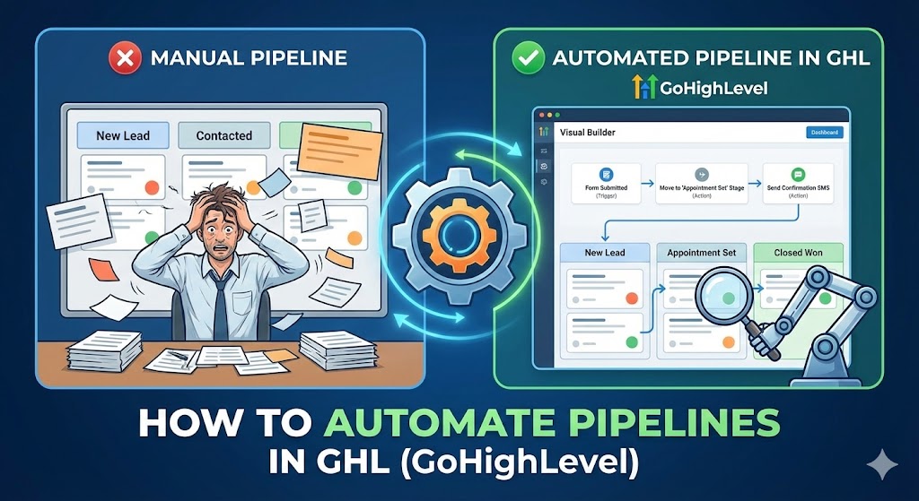 Comparison of a stressful manual sales pipeline and an automated GoHighLevel pipeline using visual builder triggers, actions, and automated stage updates.