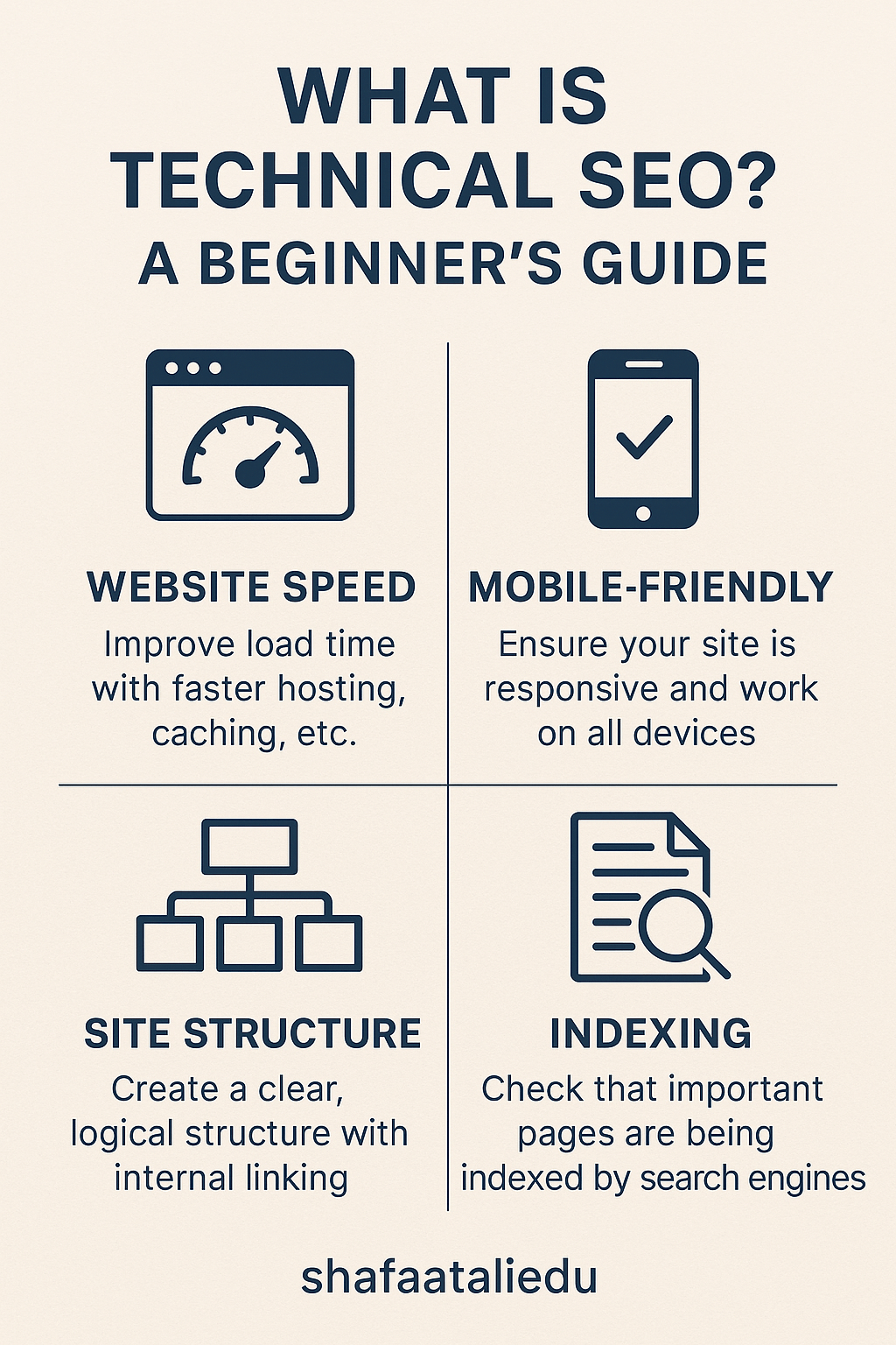 Infographic explaining technical SEO basics for beginners, including website speed, mobile-friendliness, site structure, and indexing.