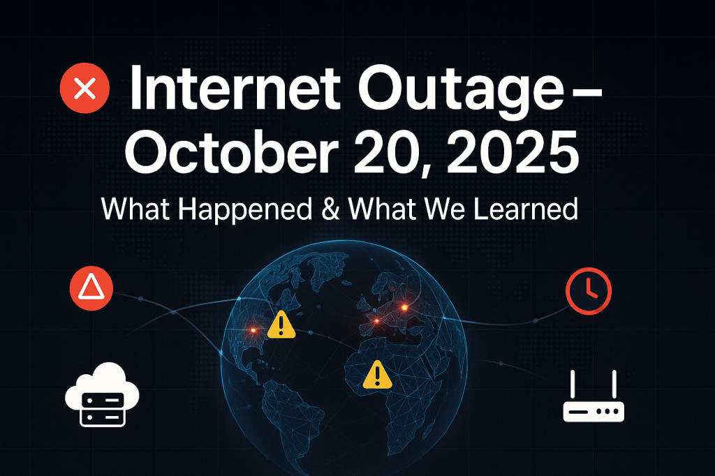Graphic highlighting the global internet outage on October 20, 2025, with warning icons, a digital globe, and text stating "What Happened & What We Learned."