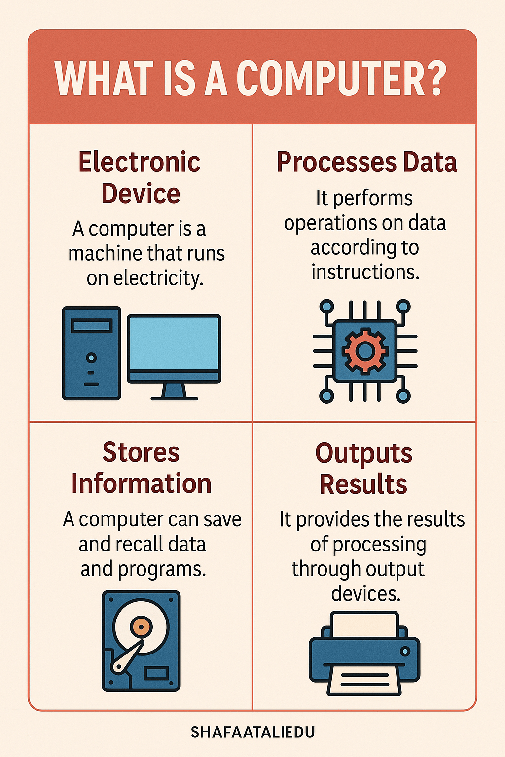 Infographic explaining what a computer is, including its functions as an electronic device, data processor, information storage, and result output tool.