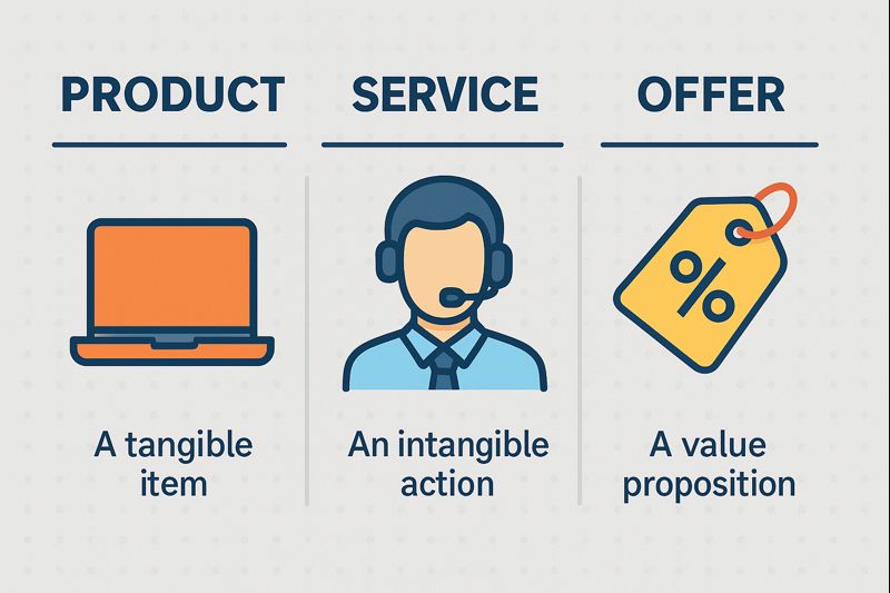 “Comparison graphic showing a product as a laptop, a service represented by a customer support agent, and an offer shown as a discount tag.”