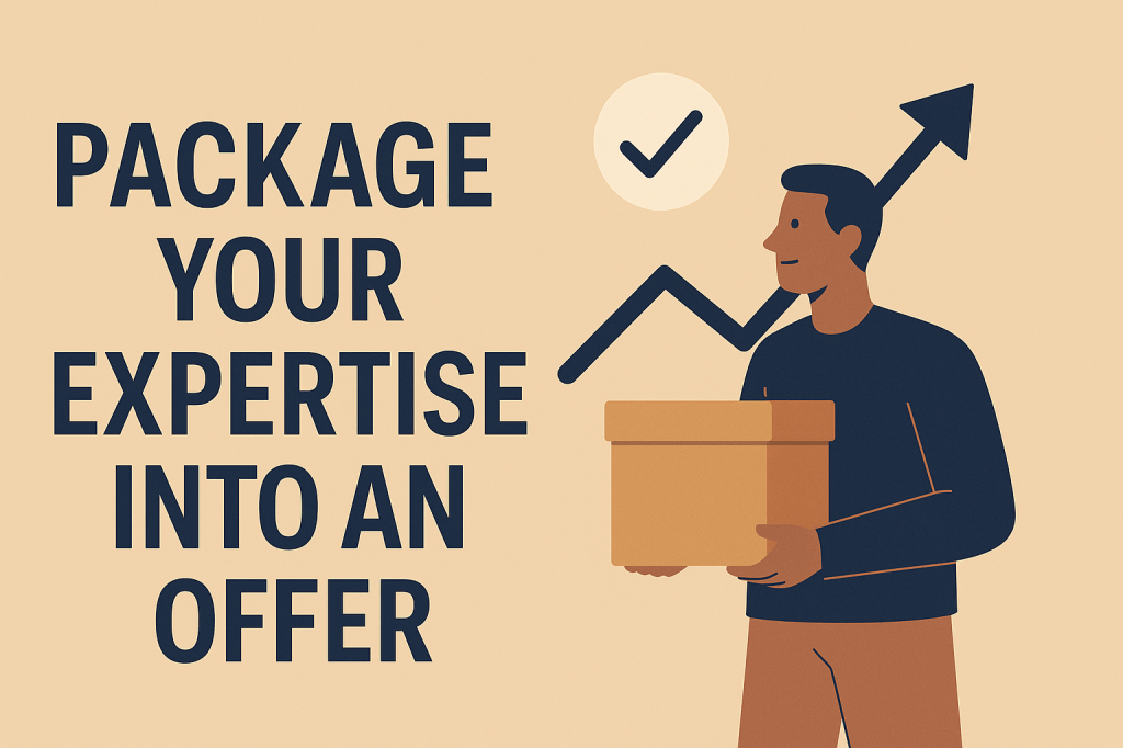 Illustration of a person holding a box with an upward arrow and checkmark, symbolizing packaging expertise into a business offer.