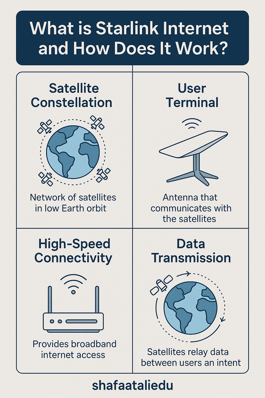 Infographic explaining how Starlink Internet works through satellite constellations, user terminals, high-speed connectivity, and data transmission.