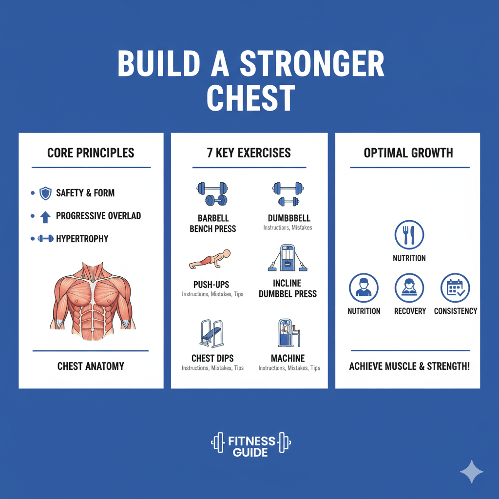 Infographic detailing a complete guide to building a stronger chest. It highlights Core Principles (Safety & Form, Progressive Overload, Hypertrophy, and Chest Anatomy), 7 Key Exercises (Barbell Bench Press, Dumbbell Bench Press, Push-Ups, Incline Dumbbell Press, Chest Dips, and Machine Press), and Optimal Growth factors (Nutrition, Recovery, and Consistency).
