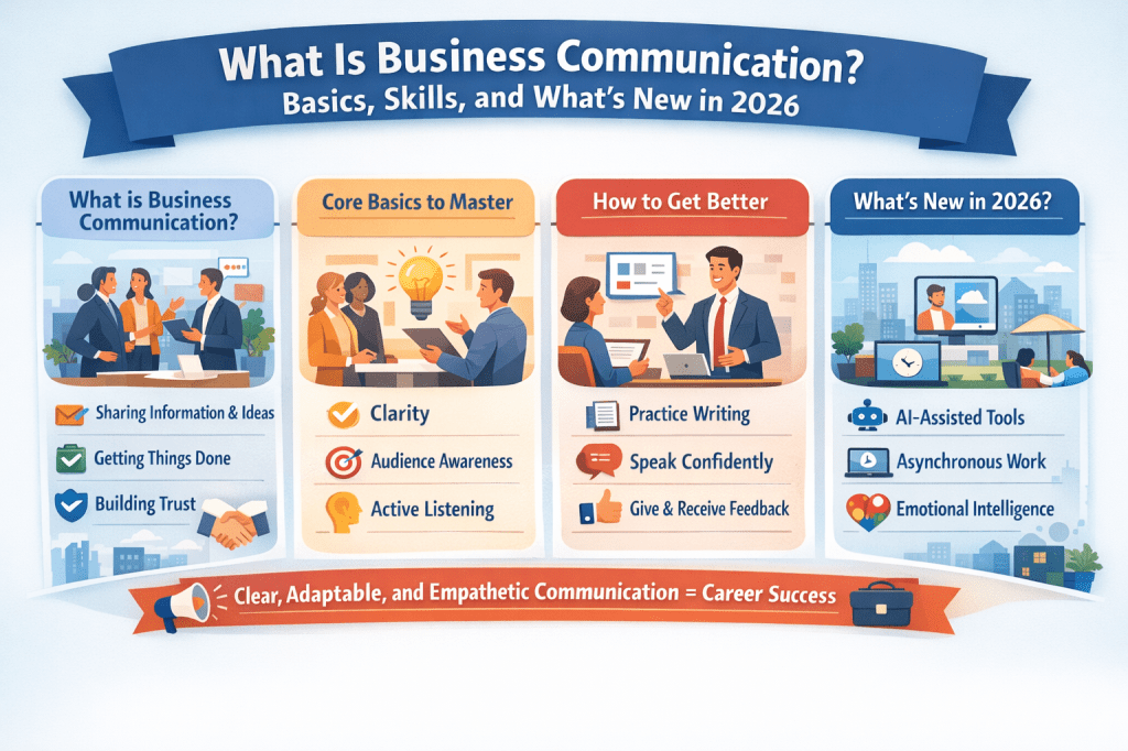 Infographic explaining business communication basics, core skills, improvement tips, and 2026 trends like AI tools and asynchronous work.