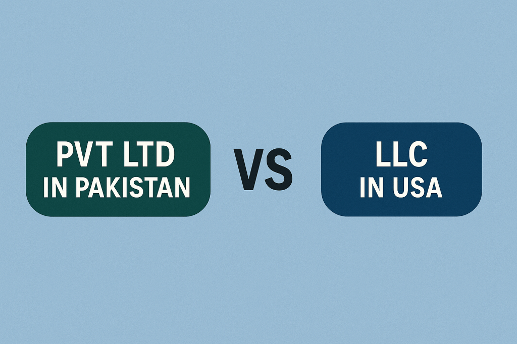Comparison graphic showing “PVT LTD in Pakistan” versus “LLC in USA” on a light blue background.