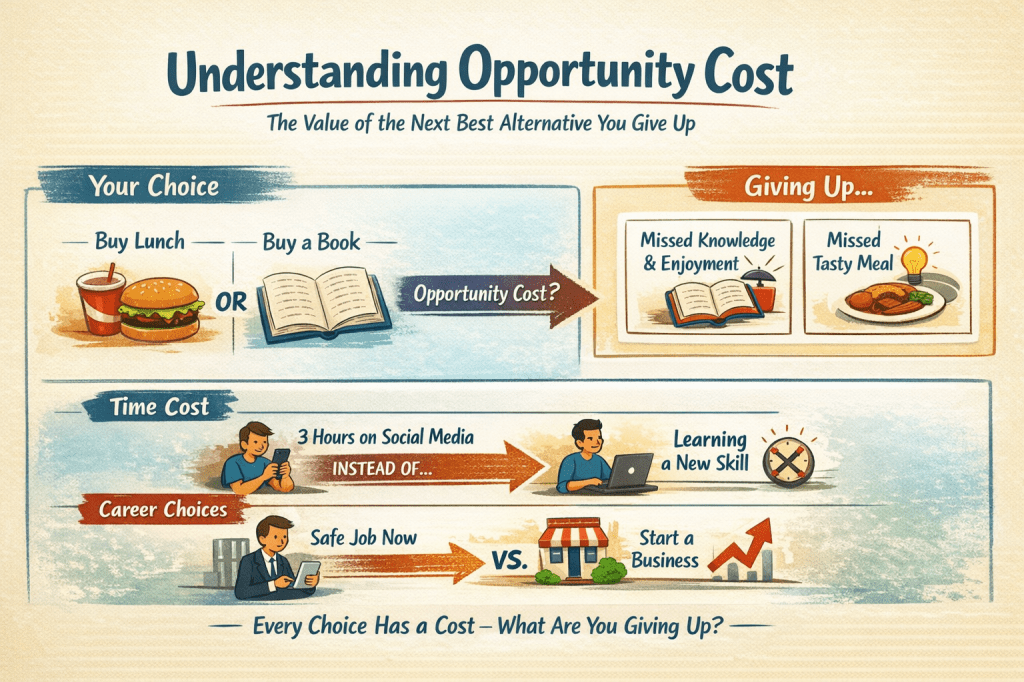 Infographic explaining opportunity cost with examples like buying lunch vs buying a book, time spent on social media vs learning a new skill, and choosing a safe job versus starting a business.