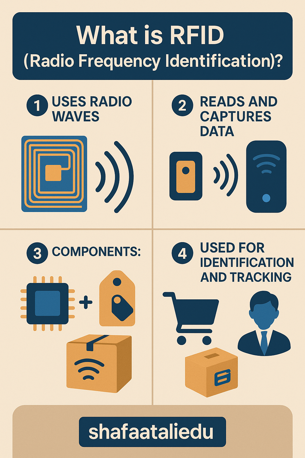 Infographic explaining what RFID (Radio Frequency Identification) is, including its use of radio waves, data reading capabilities, components, and applications in tracking.