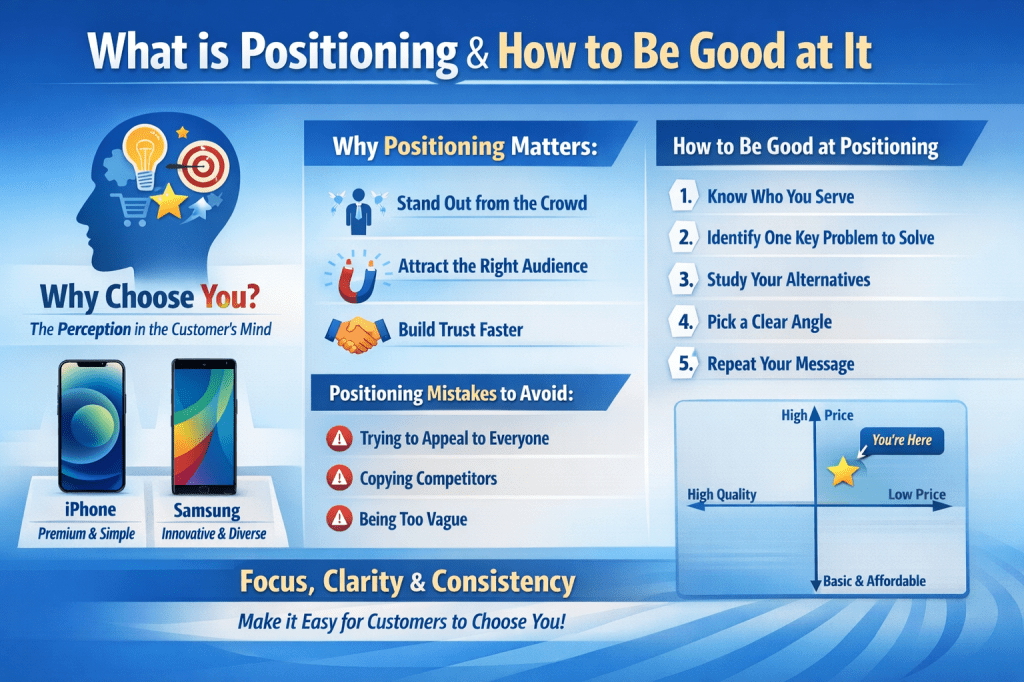 Infographic explaining brand positioning, why positioning matters, common positioning mistakes, and how to position a business effectively to stand out and attract the right customers.