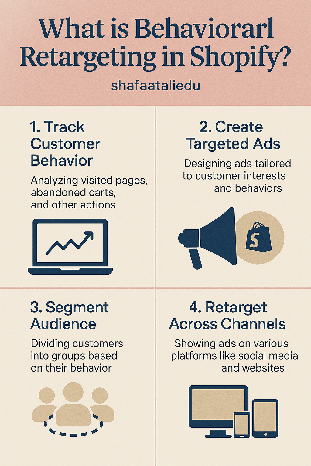 Infographic explaining behavioral retargeting in Shopify, with steps like tracking customer behavior, creating targeted ads, segmenting audiences, and retargeting across platforms.