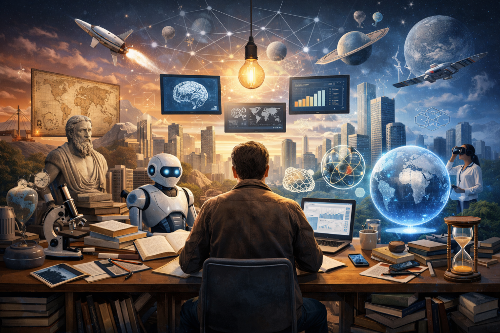 Futuristic workspace showing a researcher at a desk with books and a laptop, surrounded by artificial intelligence, robotics, data visualizations, space exploration, and scientific innovation concepts.