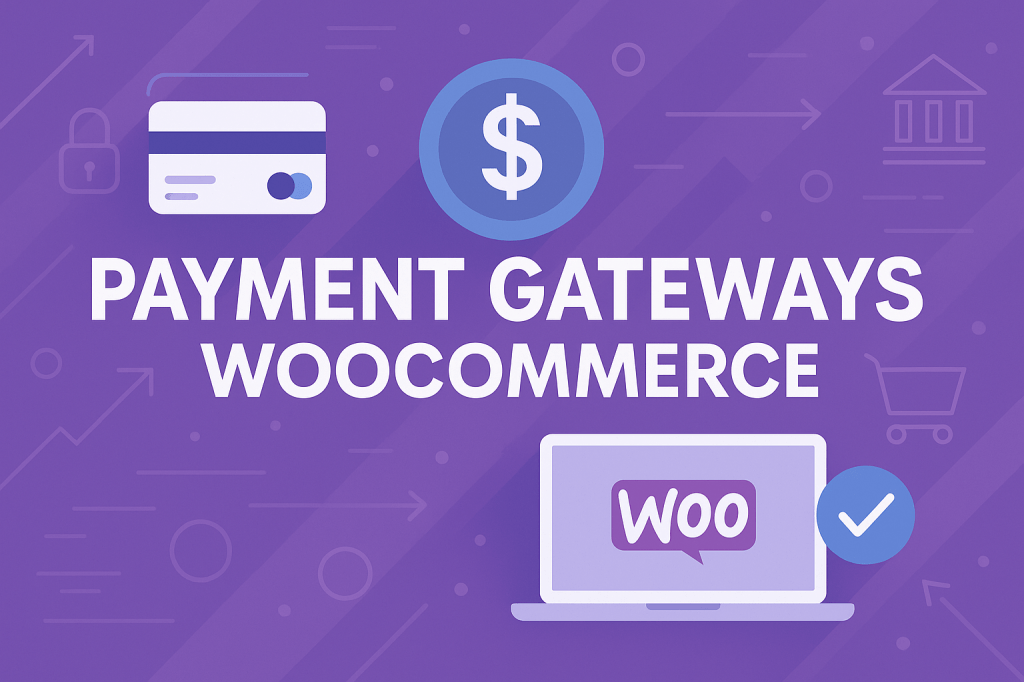 WooCommerce payment gateways graphic featuring credit card icon, dollar symbol, and a laptop with the WooCommerce logo on a purple background.