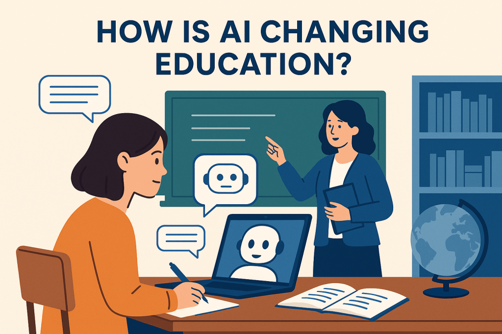 Student using AI-powered tools in a classroom setting with a teacher and digital assistant on screen.